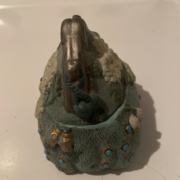 Vintage 1970s trinket box lid purse floral ceramic case blue turquoise organizer - Picture 4 of 6
